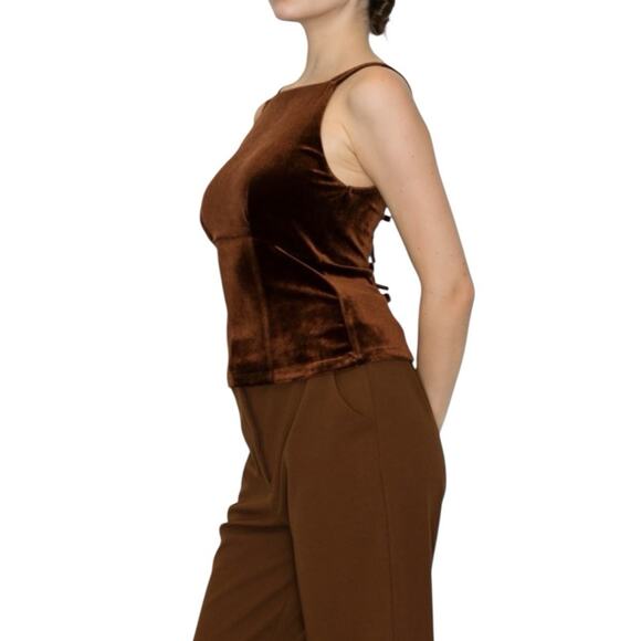Iris Velvet Ribbon Tie Top Size S Chocolate Brown Sleeveless Stretch Autumn NWT - Picture 4 of 10